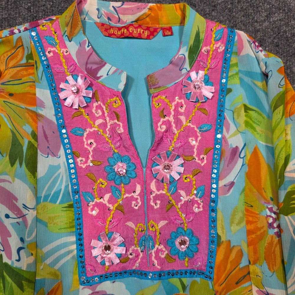 Haute Curry Womens M Floral Tunic Dress Turquoise Pink Bollywood Embroidered‎